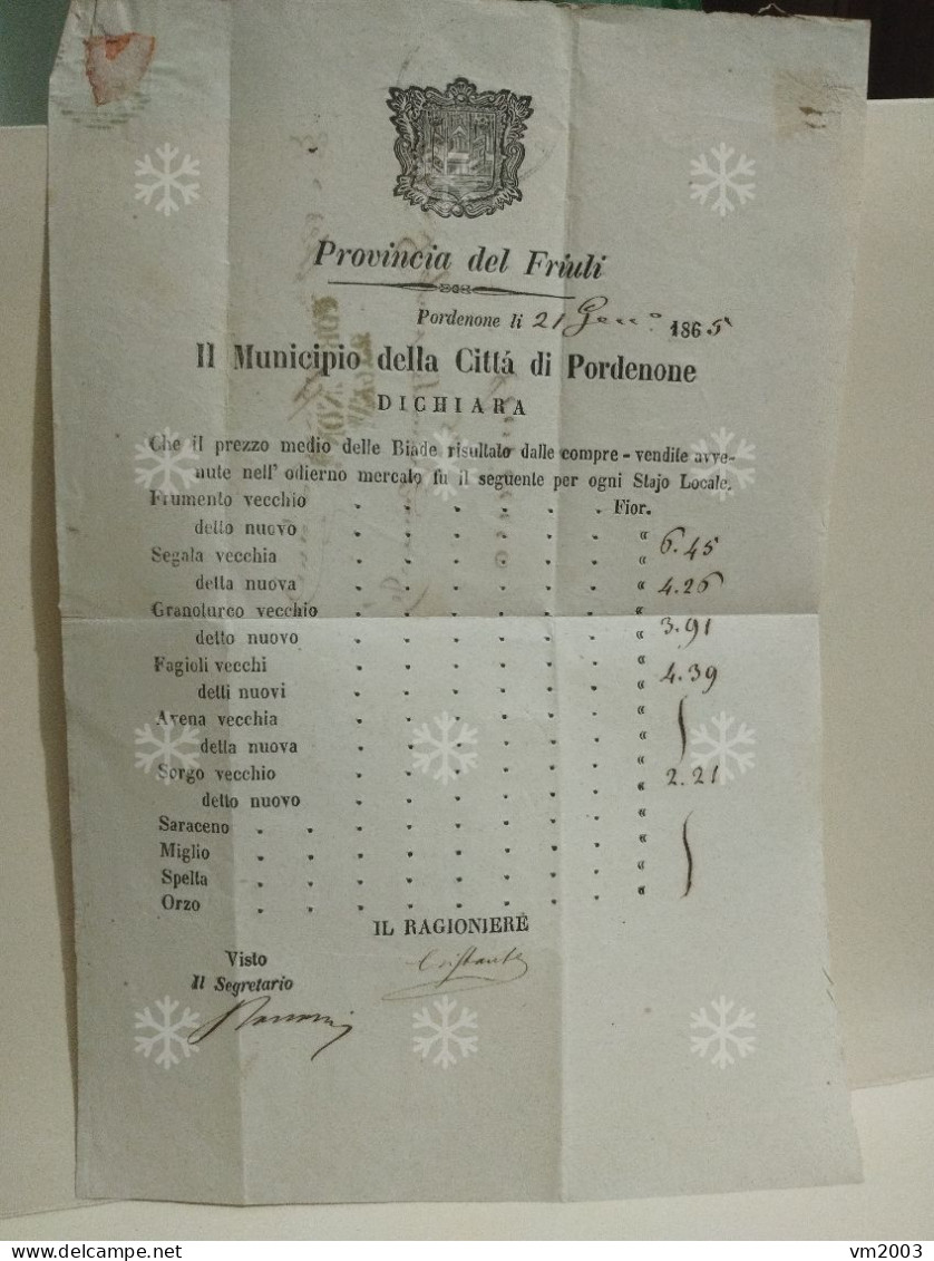 Italia Lettera 1865 Manifesto Friuli IL MUNICIPIO DELLA CITTA' DI PORDENONE Prezzo Dell Biade - Marcophilie