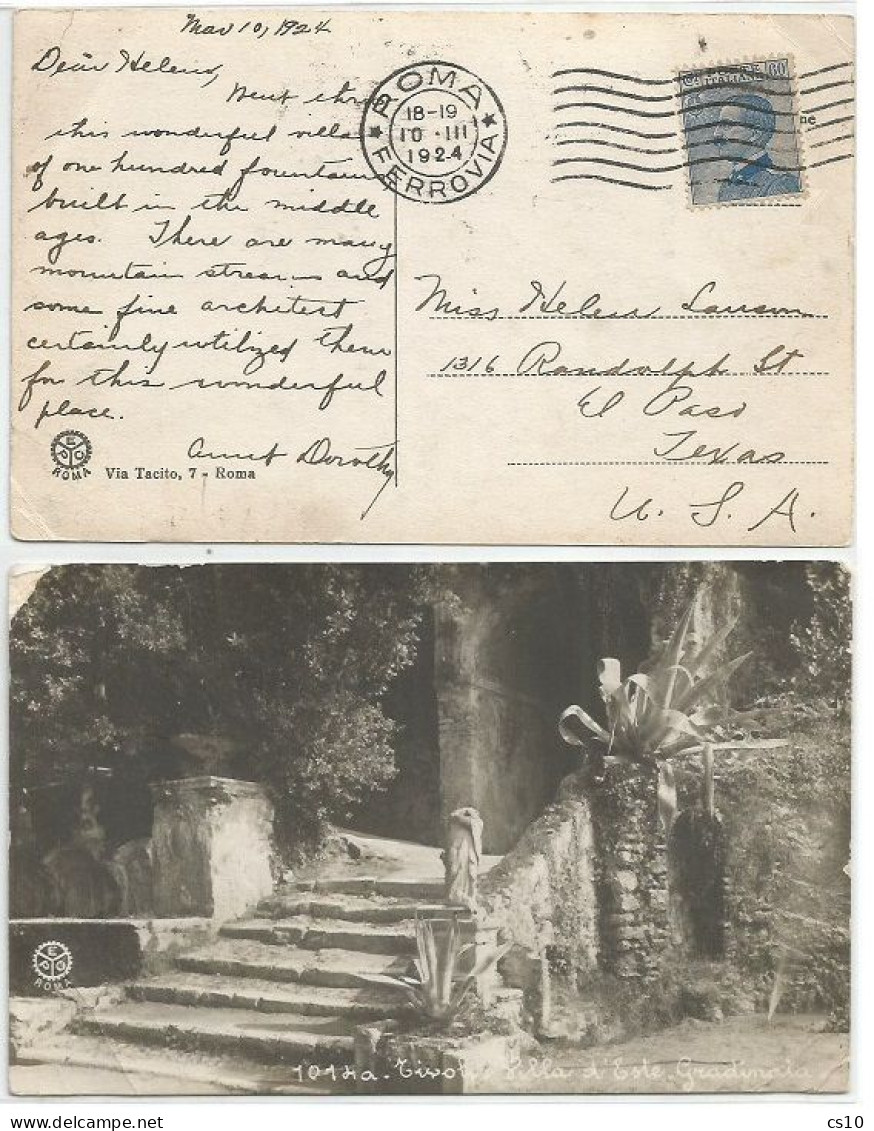 Regno Michetti C.60 Azzurro Isolato Cartolina Tivoli Gradinata Villa D'Este Roma 10mar 1924 X  El Paso Texas USA - Marcophilia