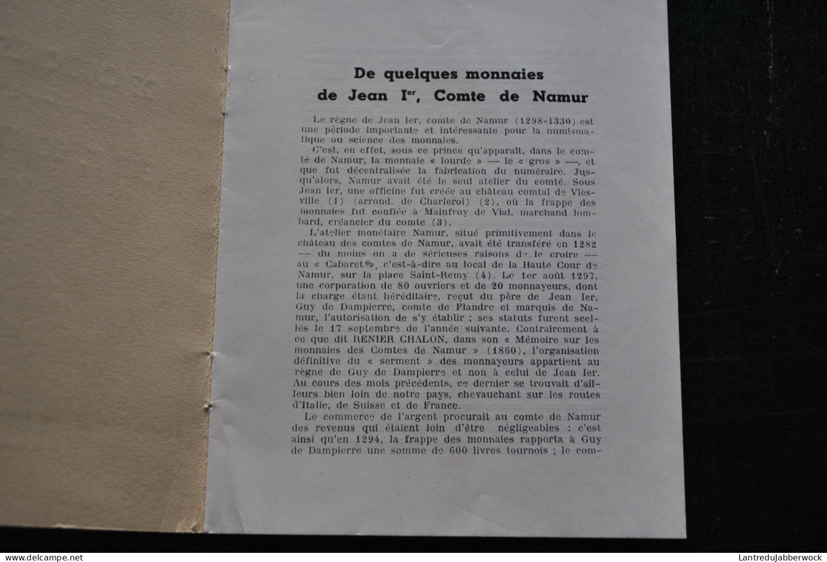 Jean BOVESSE De Quelques Monnaies De Jean Ier Comte De Namur 1276 1330 Editions De La Revue Reflets 1949 Numismatique - Belgium