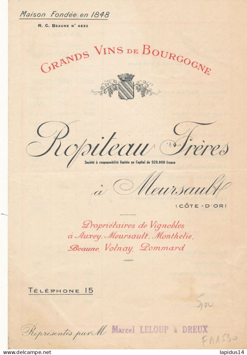 FA 3121  /PUB DEPLIANT -GRANDS VINS DE BOURGOGNE ROPITEAU FRERES  A MEURSAULT  COTE D'OR- (20,00 Cm X 13,50 Cm) - Otros & Sin Clasificación