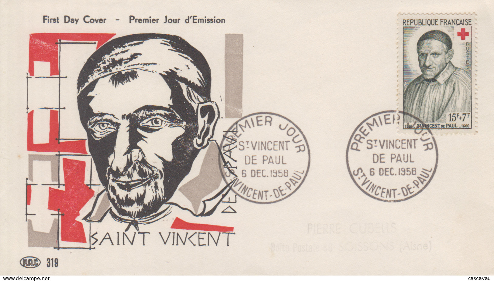 Enveloppe  FDC  1er  Jour   FRANCE   CROIX  ROUGE   SAINT  VINCENT  DE  PAUL   1958 - 1950-1959