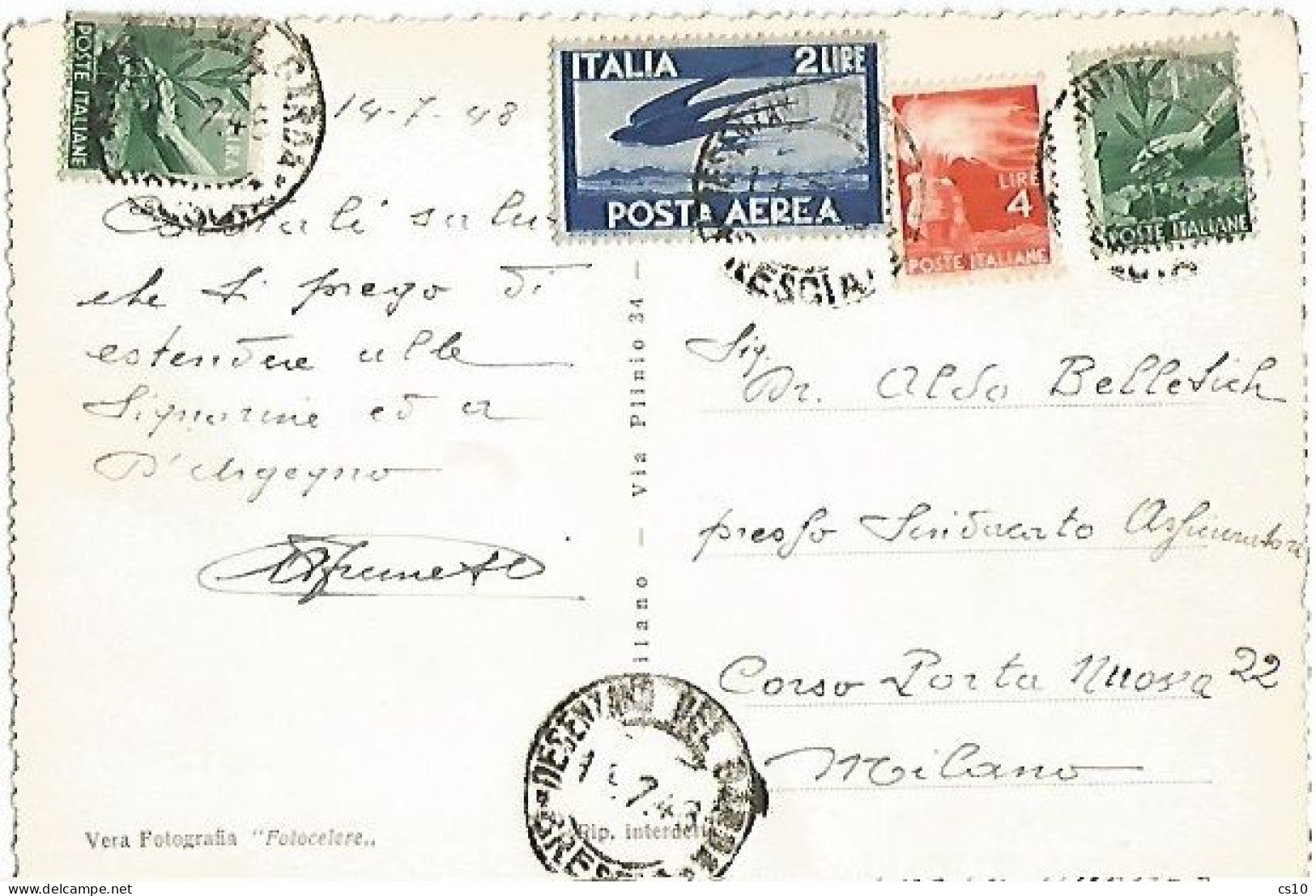 PA Democratica L.2 + PO L.4 + L.1x2 Cart. Desenzano 14lug1948 - 1946-60: Storia Postale