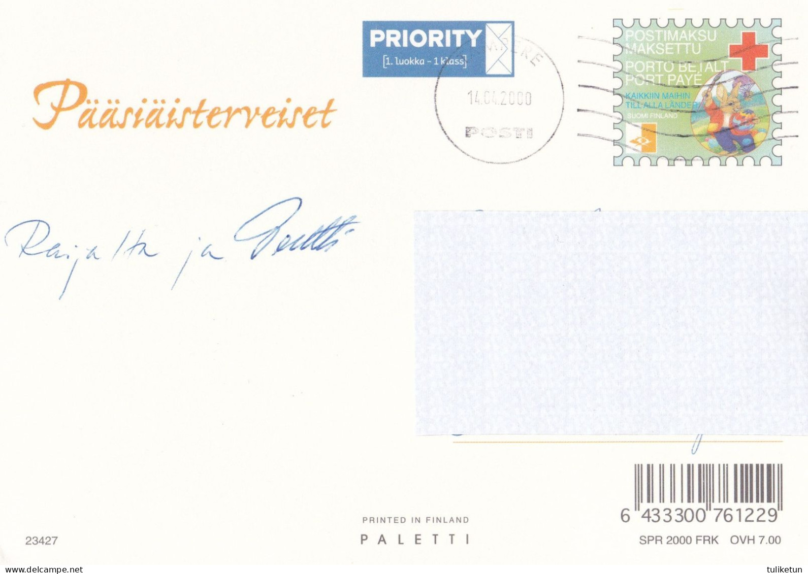 Postal Stationery - Chicks In The Basket With Eggs - Easter - Red Cross 2000 - Suomi Finland - Postage Paid - Postwaardestukken