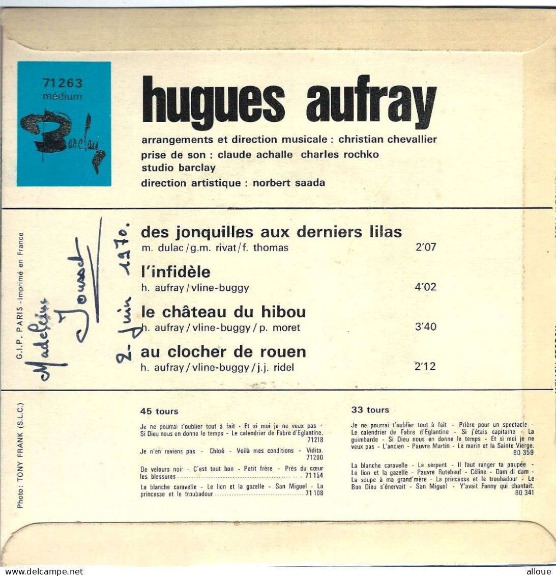 HUGUES AUFRAY -  FR EP - DES JONQUILLES AUX DERNIERS LILAS + 3 - Andere - Franstalig