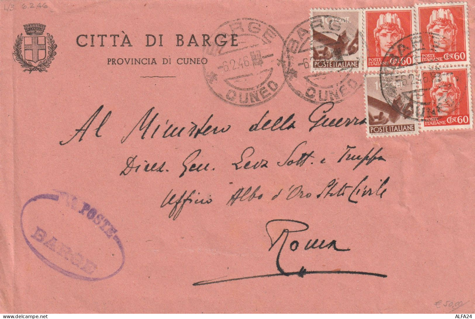 LETTERA 1946 LUOGOTENENZA 3X60+2X10 TIMBRO BARGE CUNEO (YK496 - Poststempel