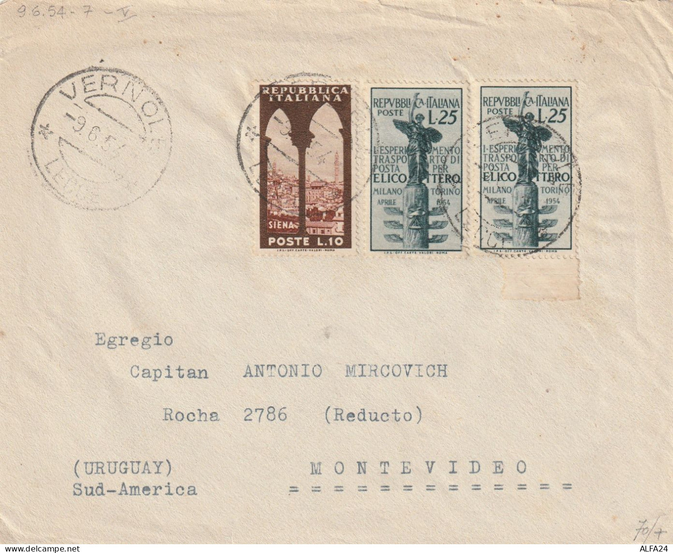 LETTERA 1954 L.10 SIENA+2X25 ELICOTTERO TIMBRO VERNOLE LECCE (YK490 - 1946-60: Marcophilia