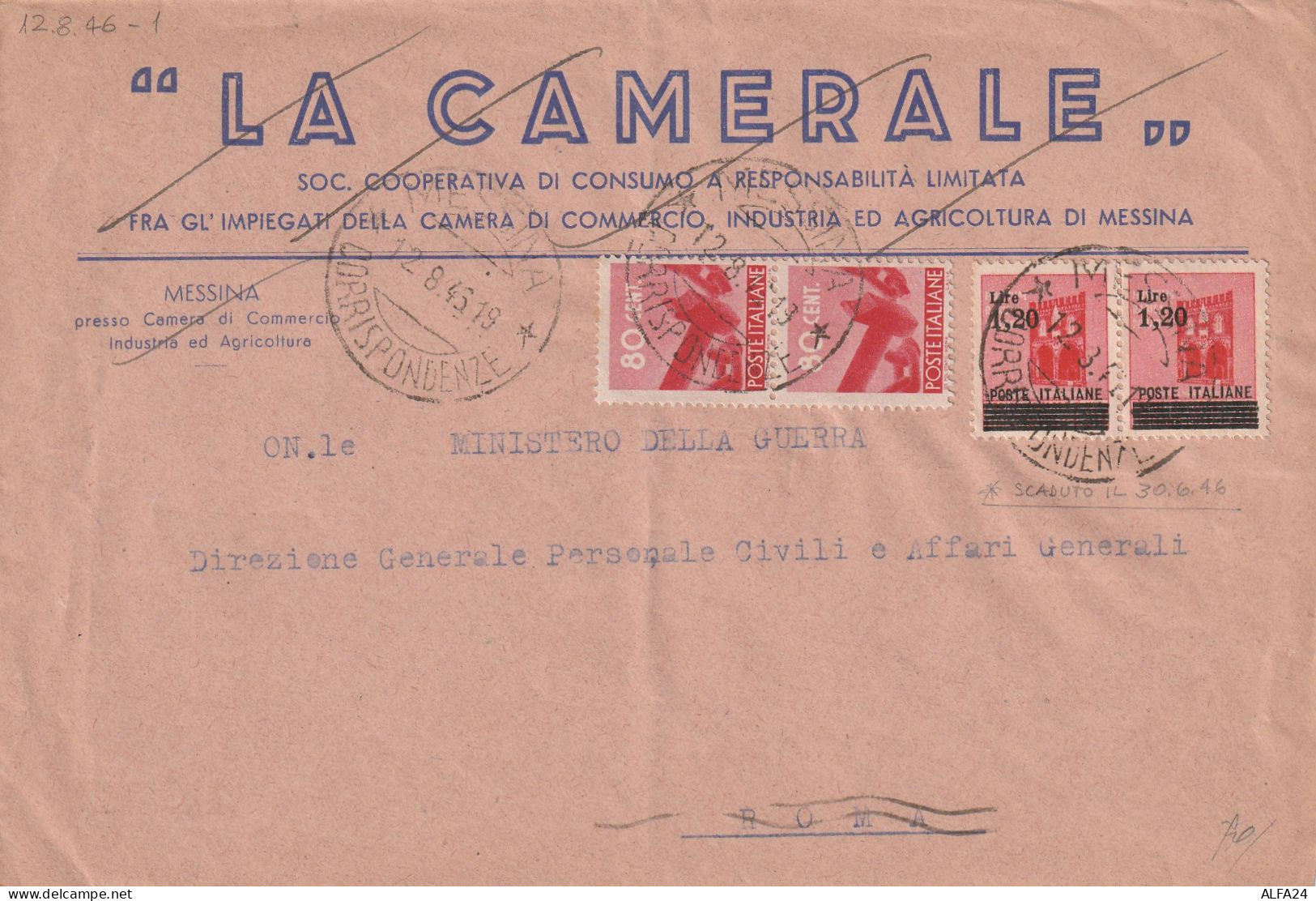 LETTERA 1946 LUOGOTENENZA 2X1,20 SS +2X80 C. TIMBRO MESSINA (YK479 - Marcophilia