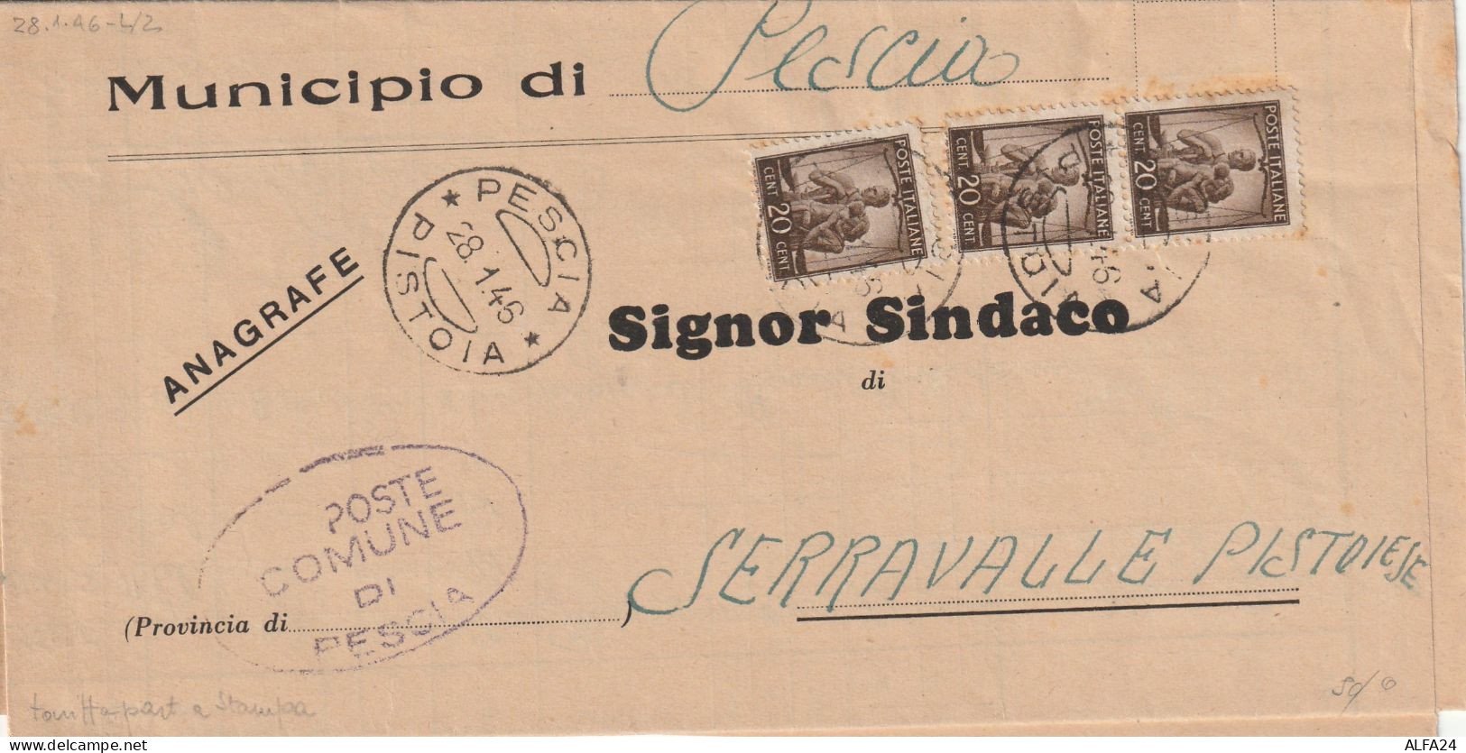LETTERA 1946 LUOGOTENENZA 3X20 C TIMBRO PESCIA PISTOIA (YK460 - Marcofilía