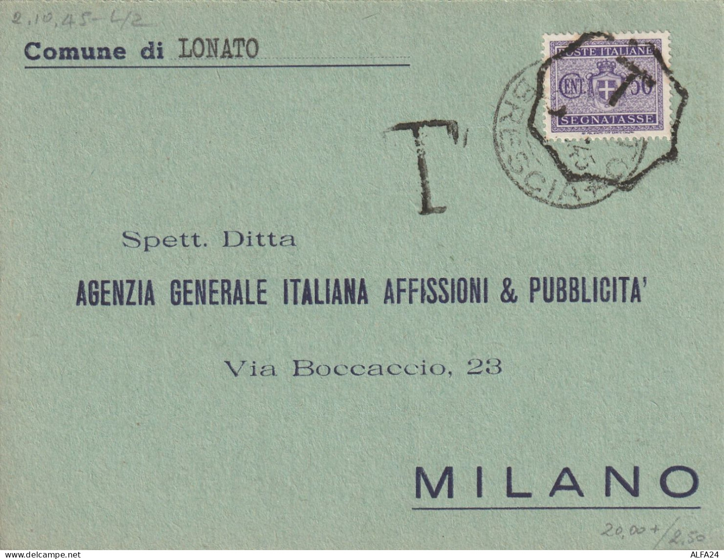 CARTOLINA POSTALE LUOGOTENENZA 1945 SEGNATASSE C.50 -TIMKBRO TASSATE OTTAGONALE  (YK459 - Marcophilia