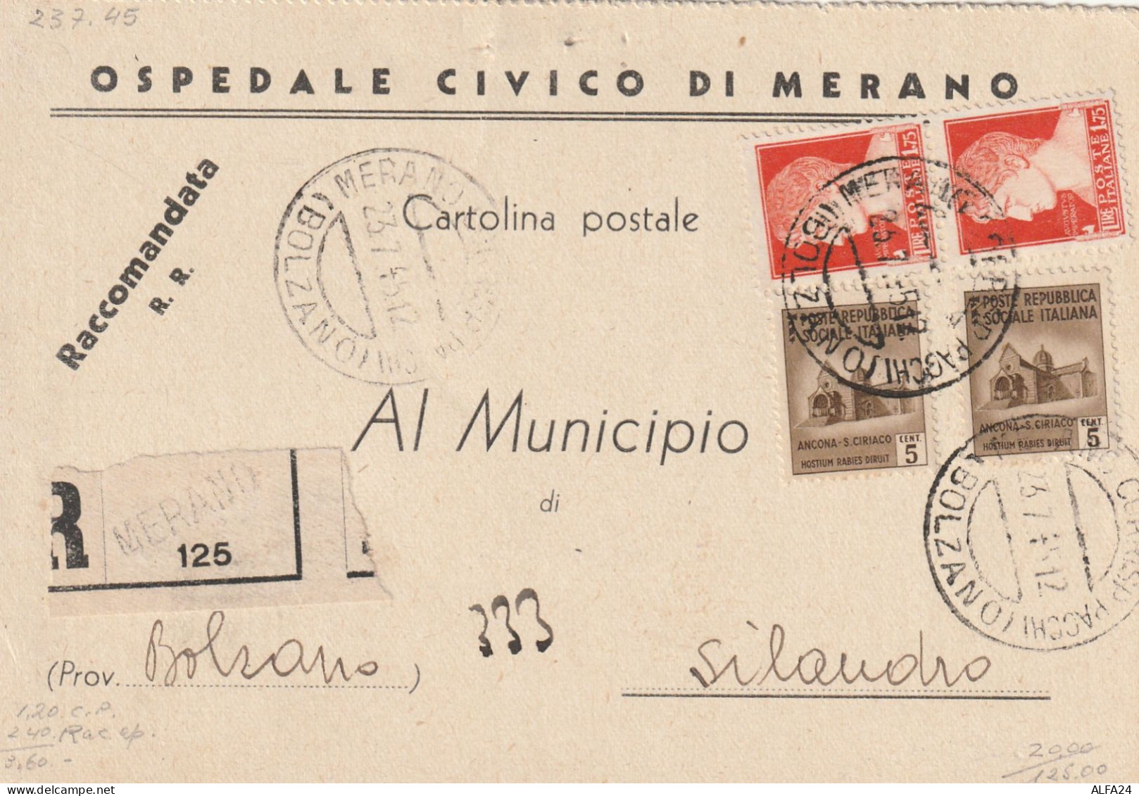 RACCOMANDATA 1945 LUOGOTENENZA 2X1,75 +2X5 TIMBRO MERANO BOLZANO (YK433 - Marcophilia