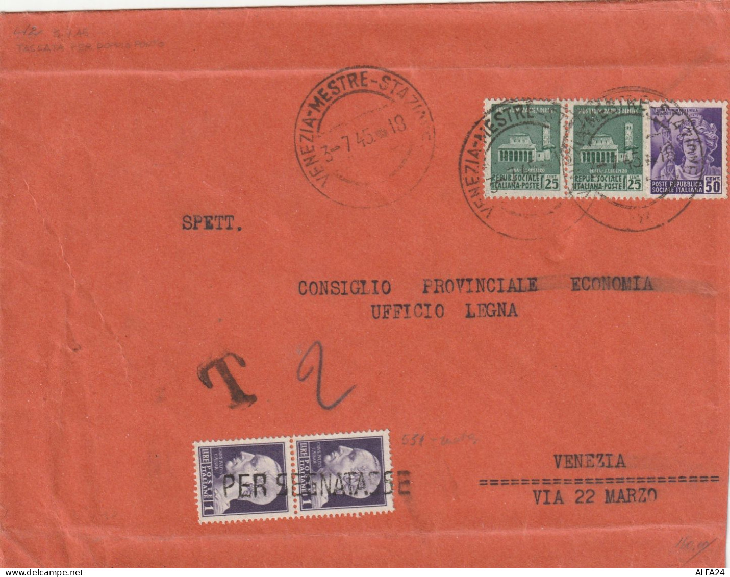 LETTERA 1945 LUOGOTENENZA 50+2X25 MON DISTR+2X1 USATI COME SEGNATASSE TIMBRO VENEZIA MESTRE (YK430 - Storia Postale