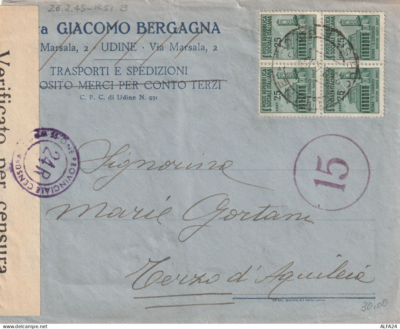 LETTERA 1945 RSI 4X25 MONUM DIST TIMBRO UDINE (YK255 - Poststempel