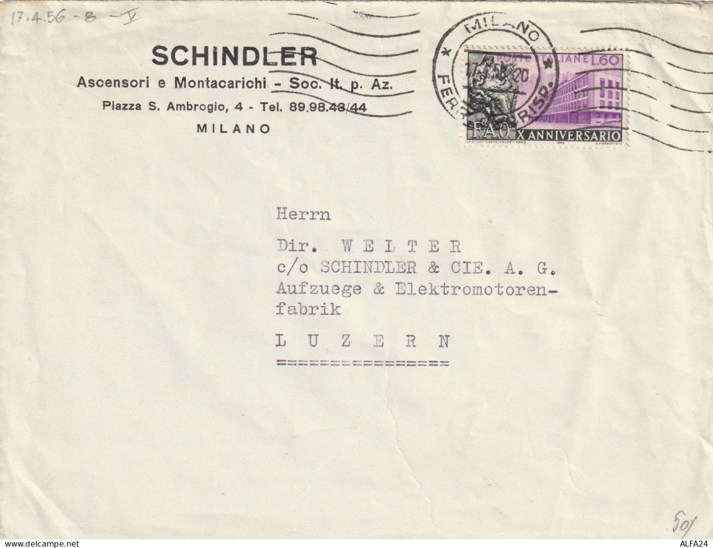 LETTERA 1956 L.60 FAO TIMBRO MILANO (YK241 - 1946-60: Marcophilia