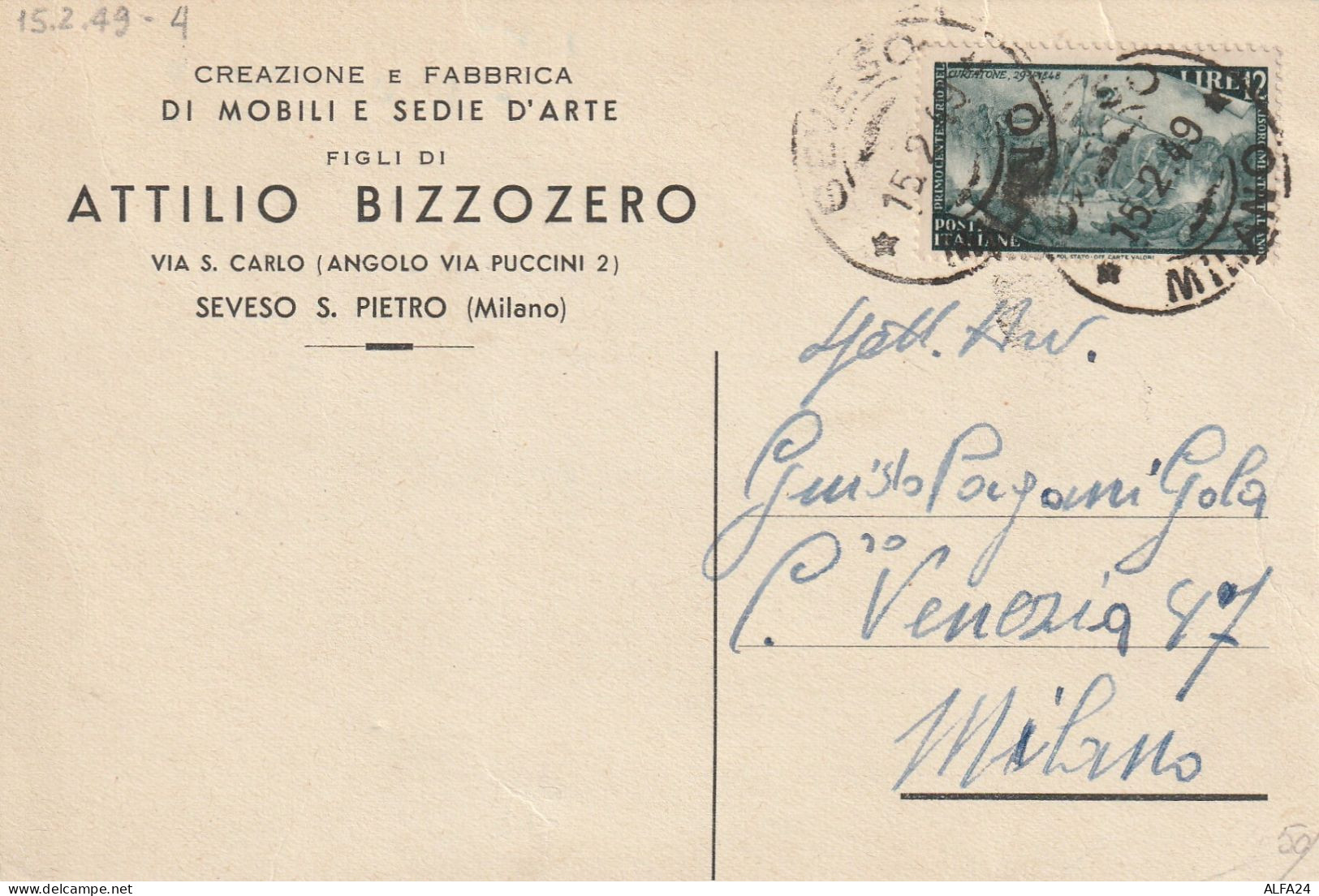 CARTOLINA POSTALE 1949 L.12 RISORGIMENTO TIMBRO SEVESO MILANO (YK226 - 1946-60: Marcophilia