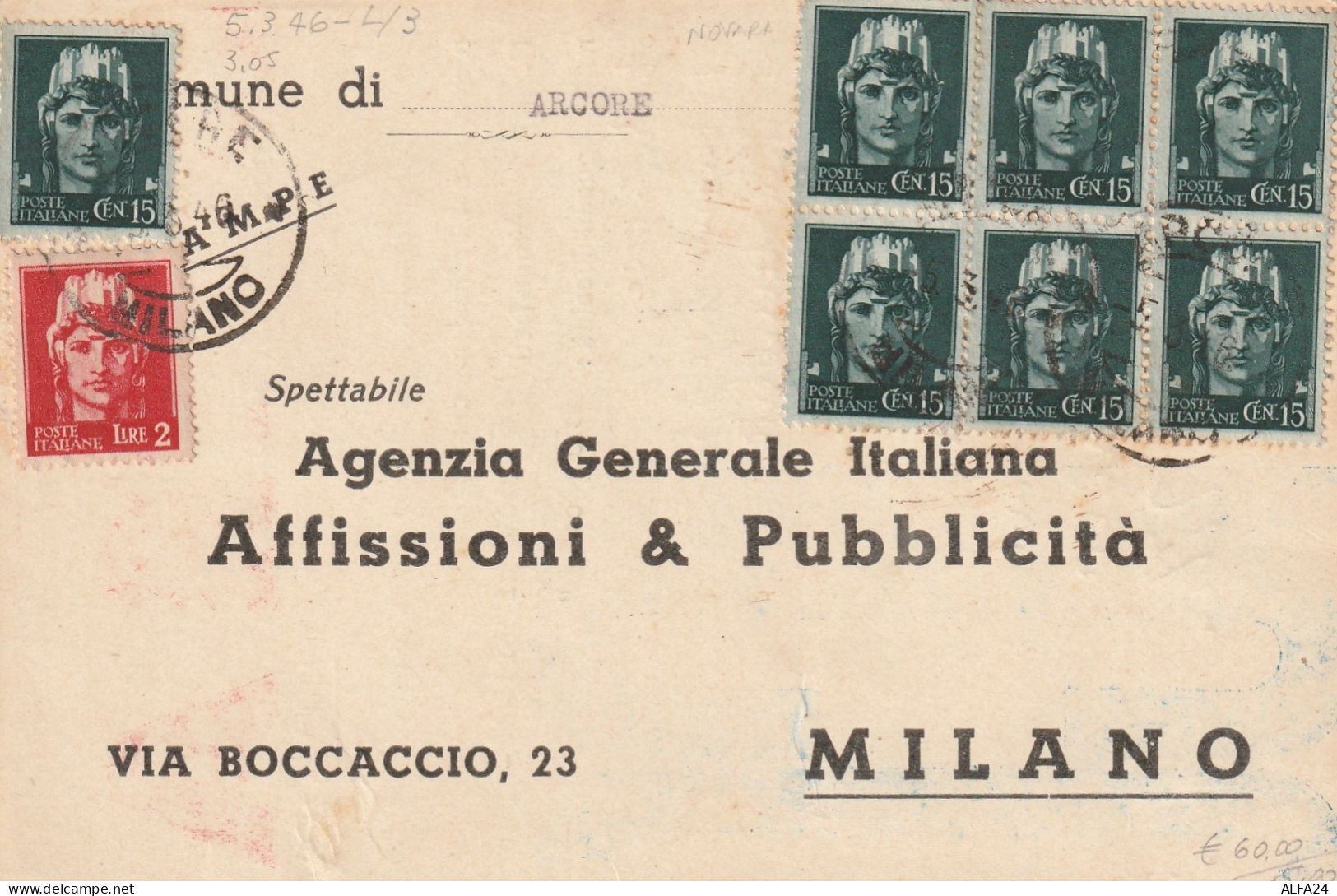 LETTERA 1946 LUOGOTENENZA 7X15C+1 L. TIMBRO MILANO (YK228 - Marcophilia