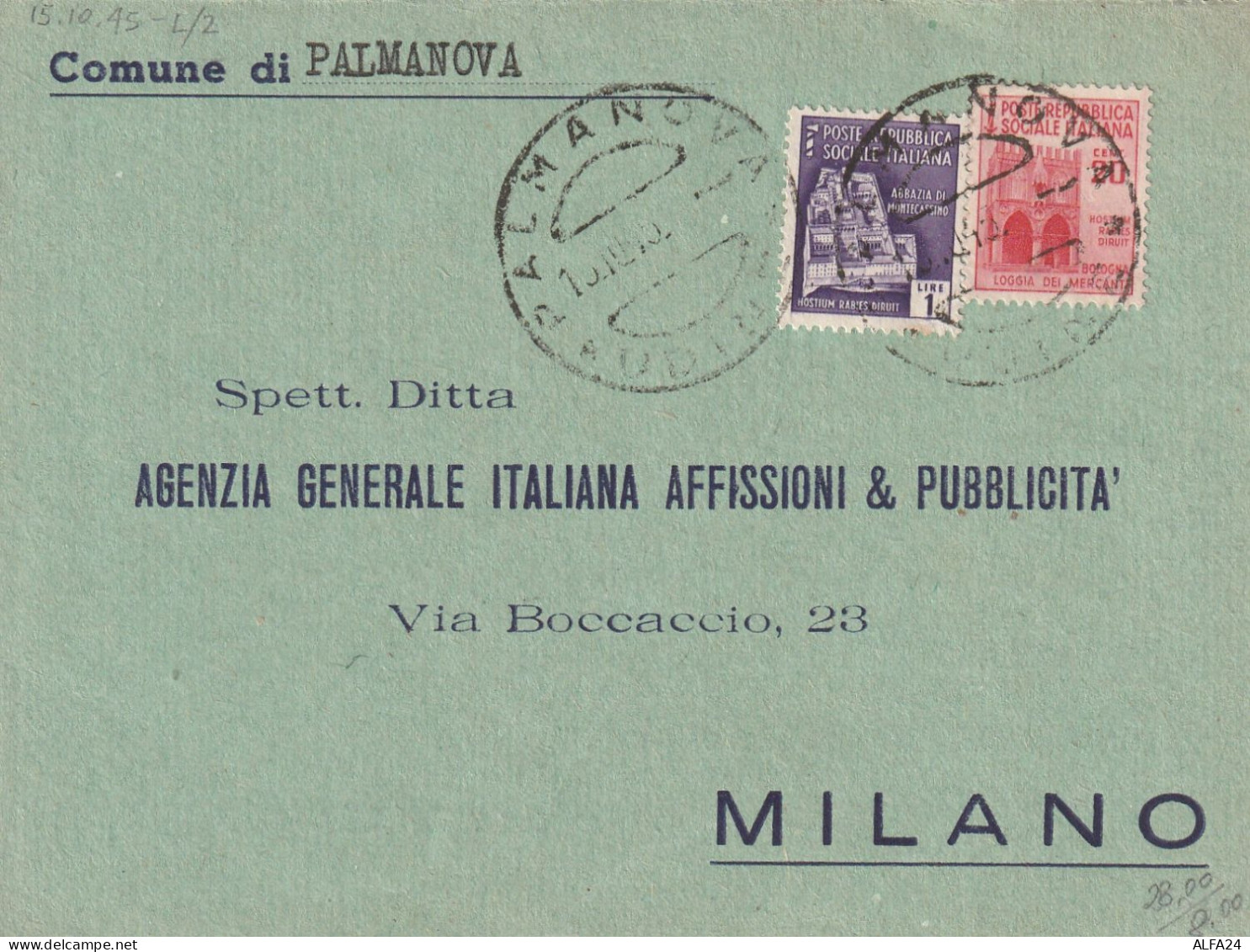 LETTERA 1945 LUOGOTENENZA L.1+20 C. MON DIST TIMBRO PALMANOVA -FUORI CORSO (YK229 - Marcofilie