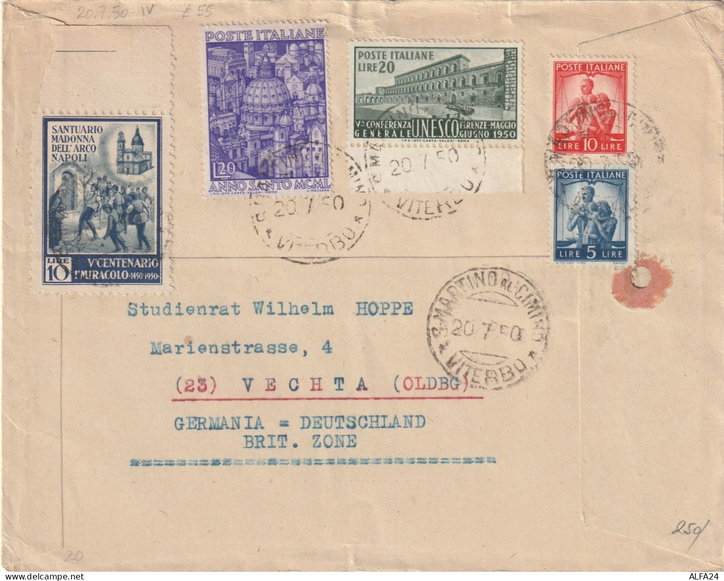 LETTERA 1950 L.20 ANNO SANTO+20 UNESCO+5+10+ERINNOFILO L.10 MADONNA DIRETTA GERMANIA BRITISCH ZONE TIMBRO VITERBO (YK217 - 1946-60: Poststempel