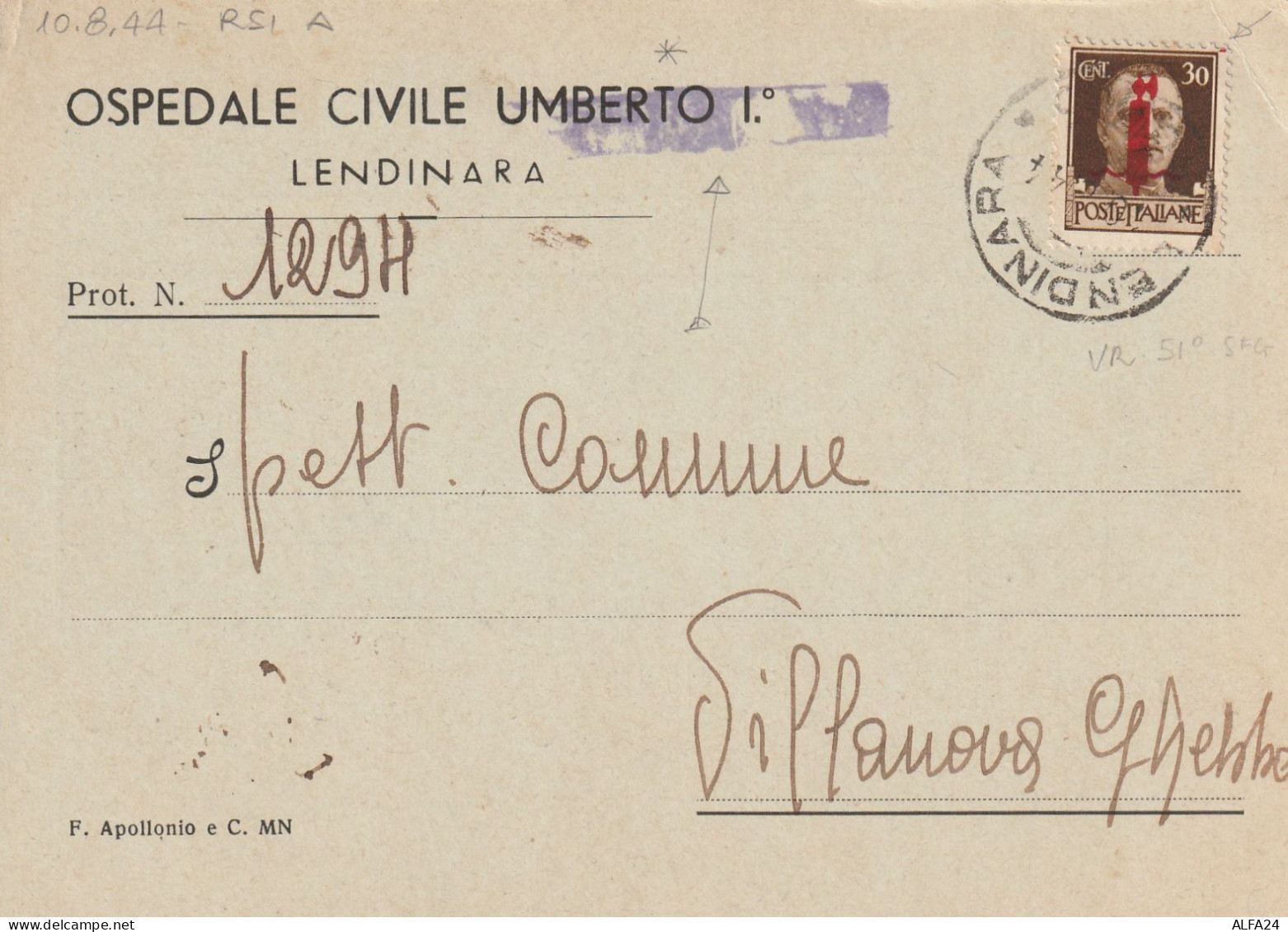 CARTOLINA POSTALE 1944 RSI C.30 SS TIMBRO LENDINARA (YK218 - Poststempel