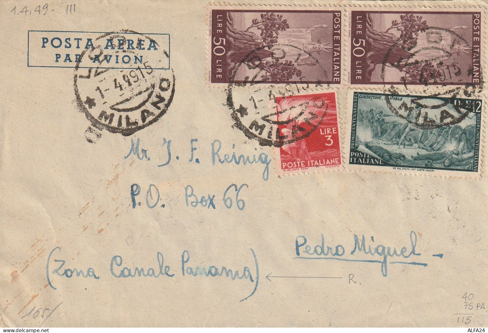 POSTA AEREA 1949 2X50+3+12 RISORGIMENTO TIMBRO LODI MILANO DIRETTA PANAMA (YK213 - 1946-60: Poststempel