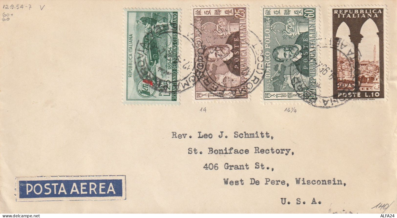 POSTA AERA 1954 L.25 TCI+25+60 MARCO POLO+10 TIMBRO ROMA DIRETTA USA (YK210 - 1946-60: Poststempel