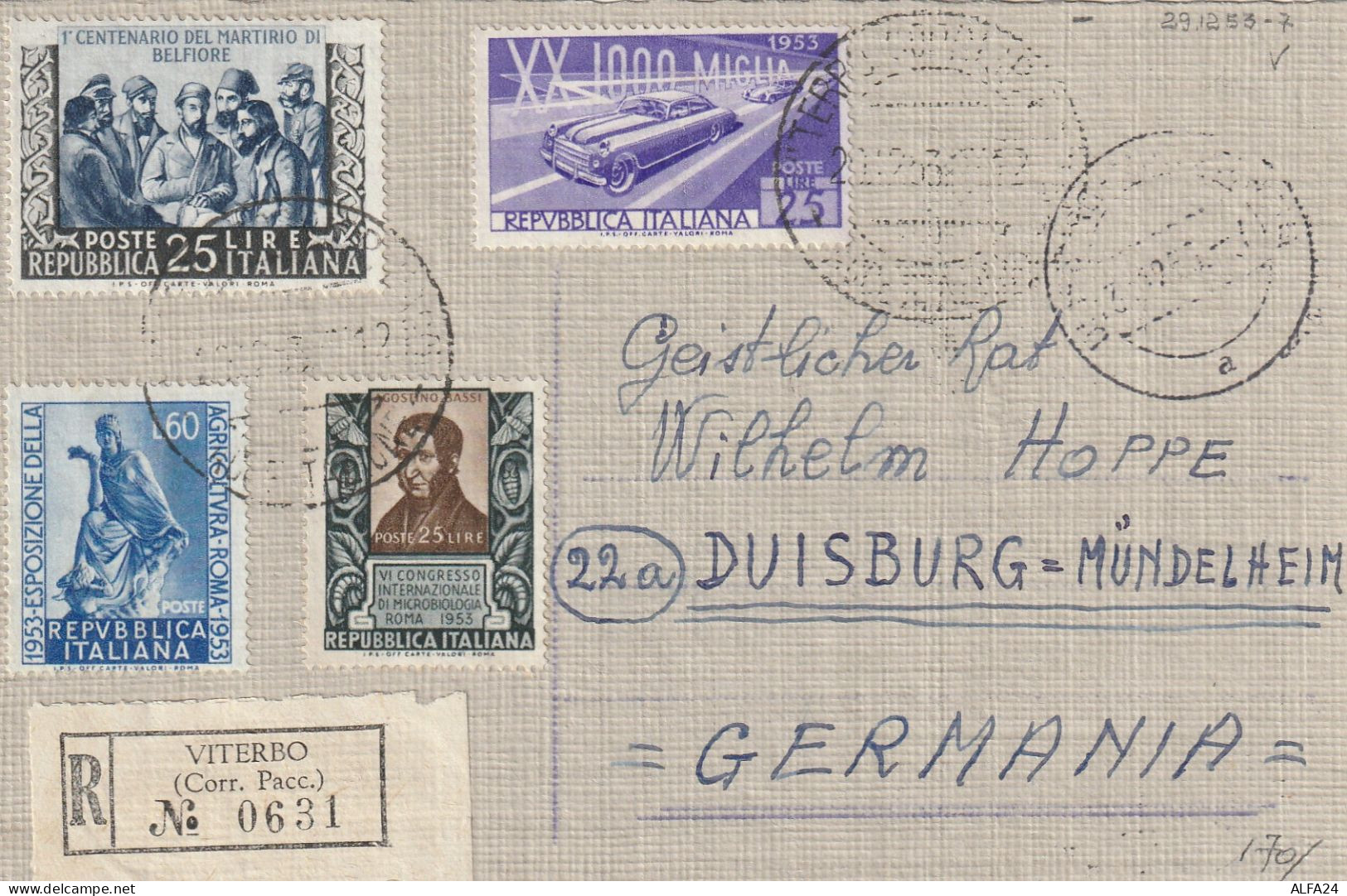 RACCOMANDATA 1953 L.25 MARTIRIO BELFIORE+60 ESP AGRIC.+25 MM+25 MICROBIOL. TIMBRO VITERBO DIRETTA GERMANIA (YK209 - 1946-60: Poststempel