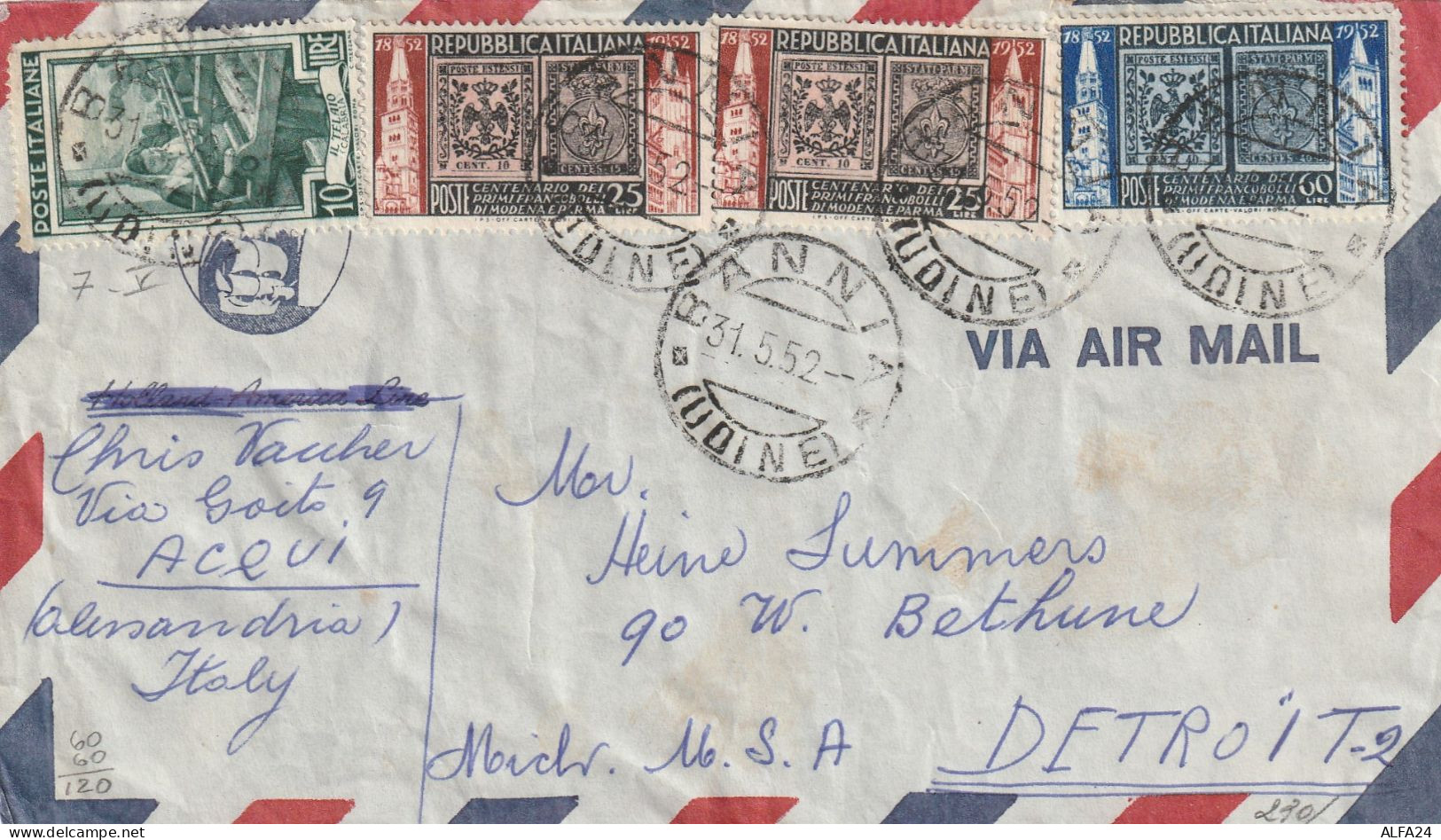 POSTA AEREA 1952 L.25X2+60 CENT FRANC MODENA+10 TIMBRO BANNI UDINE DIRETTA USA (YK207 - 1946-60: Poststempel