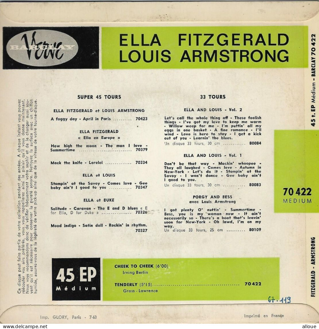 ELLA FITZGERALD, LOUIS ARMSTRONG -  FR EP - CHEEK TO CHEEK + TENDERLY - Jazz