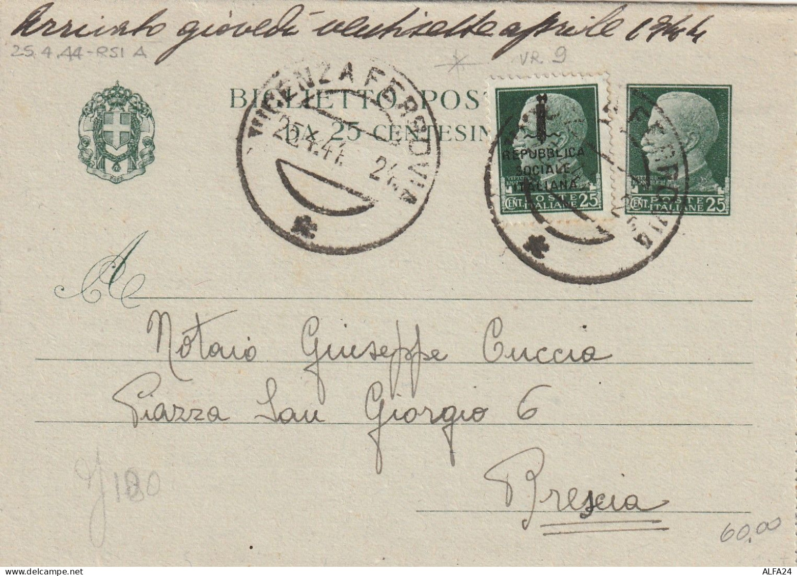 INTERO BIGLIETTO POSTALE 1944 RSI 25+25 SS TIMBRO VICENZA (YK201 - Entiers Postaux