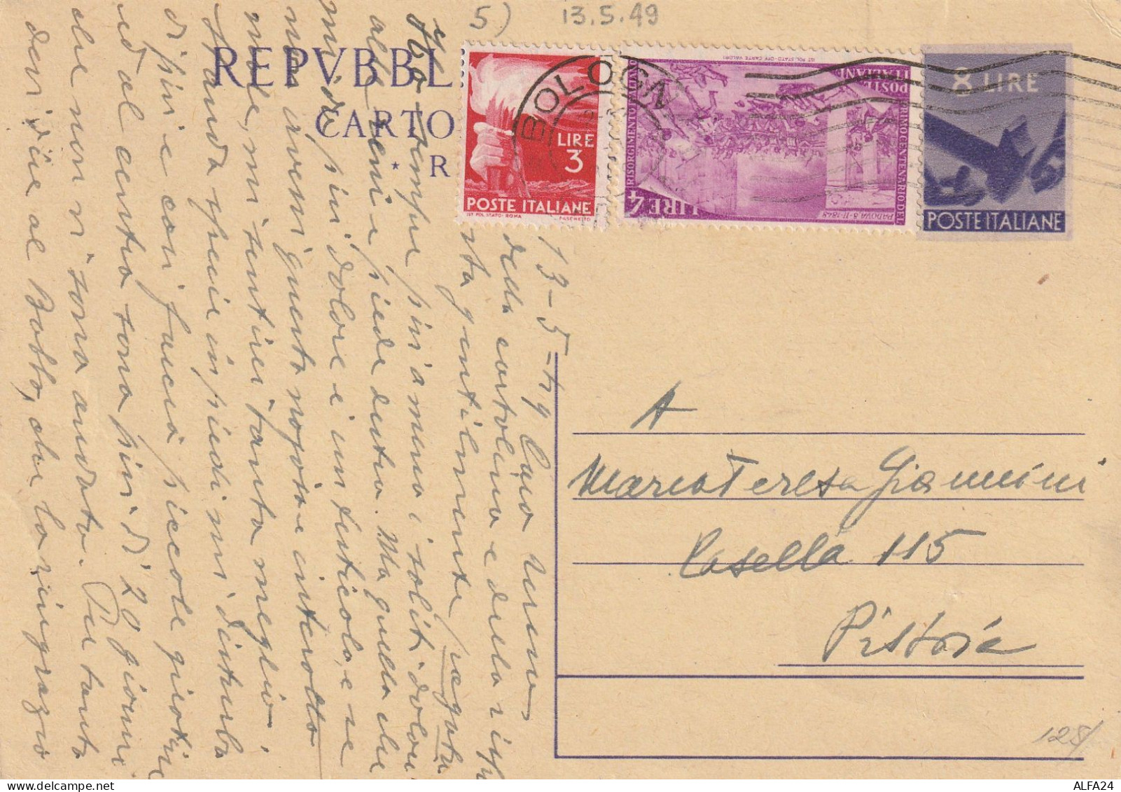 INTERO POSTALE 1949 L.8+4 RISORGIMENTO+3 TIMBRO BOLOGNA (YK198 - Interi Postali