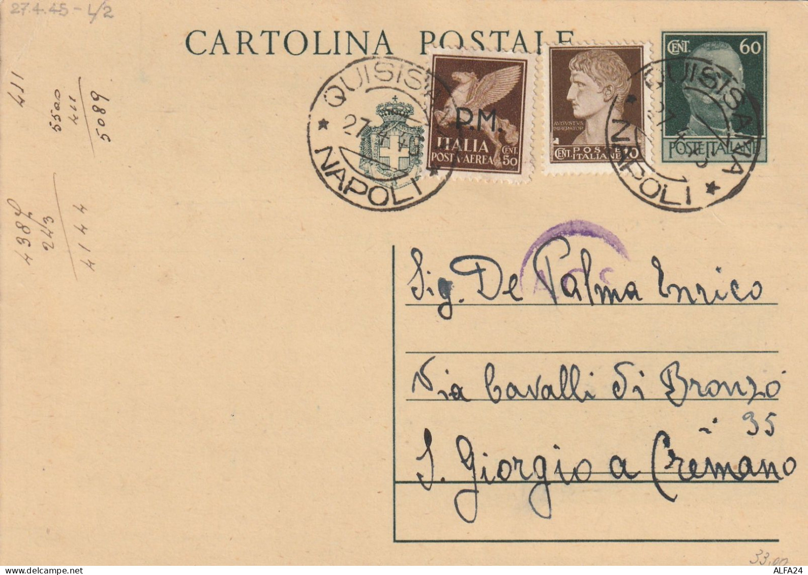 INTERO POSTALE 1945 LUOGOTENENZA C.60+10+50 PA/PM TIMBRO QUISISSANA NAPOLI (YK195 - Marcofilía