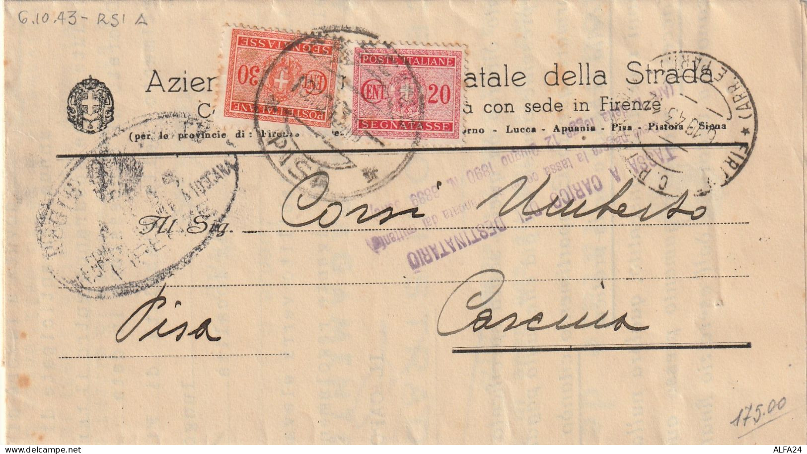 LETTERA 1943 RSI SEGNATASSE 20+30 TIMBRO PISA (YK190 - Marcofilía