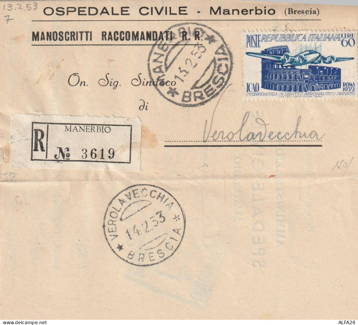 RACCOMANDATA 1953 L.60 ROMA 1952 TIMBRO MANERBIO BRESCIA VEROLAVECCHIA (YK183 - 1946-60: Marcophilia