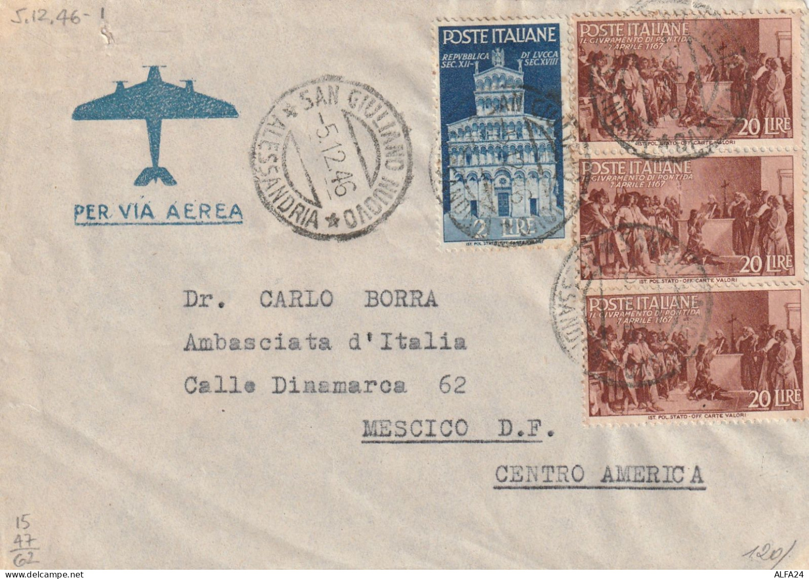 LETTERA 1946 3X20+2 AVVENTO REP. TIMBRO SAN GIULIANO NUOVO ALESSANDRIA (YK185 - 1946-60: Poststempel