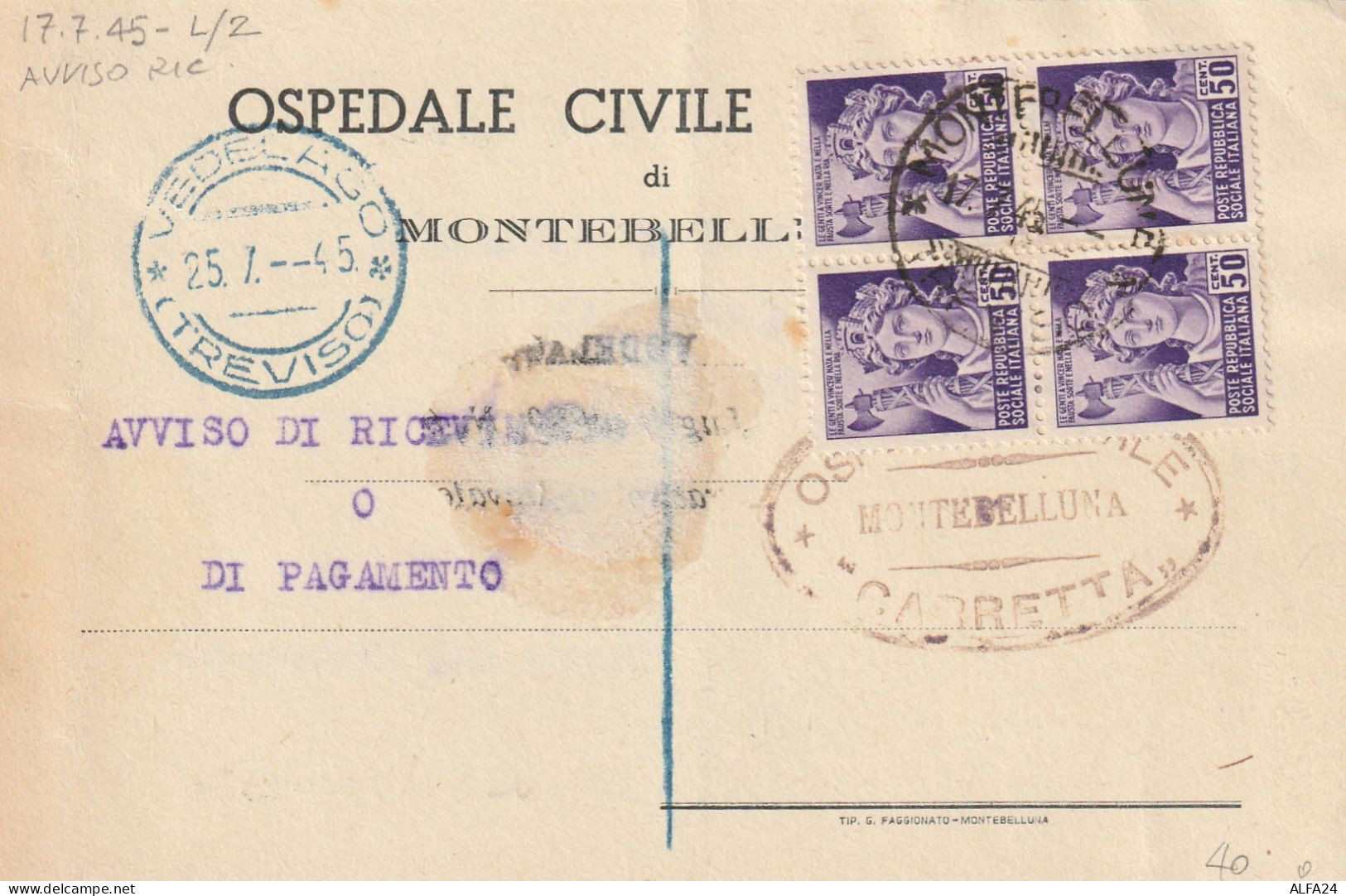 AVVISO RICEVIMENTO LUOGOTENENZA 1945 4X50 MON DIST TIMBRO BLU VEDELAGO TREVISO (YK174 - Marcofilie