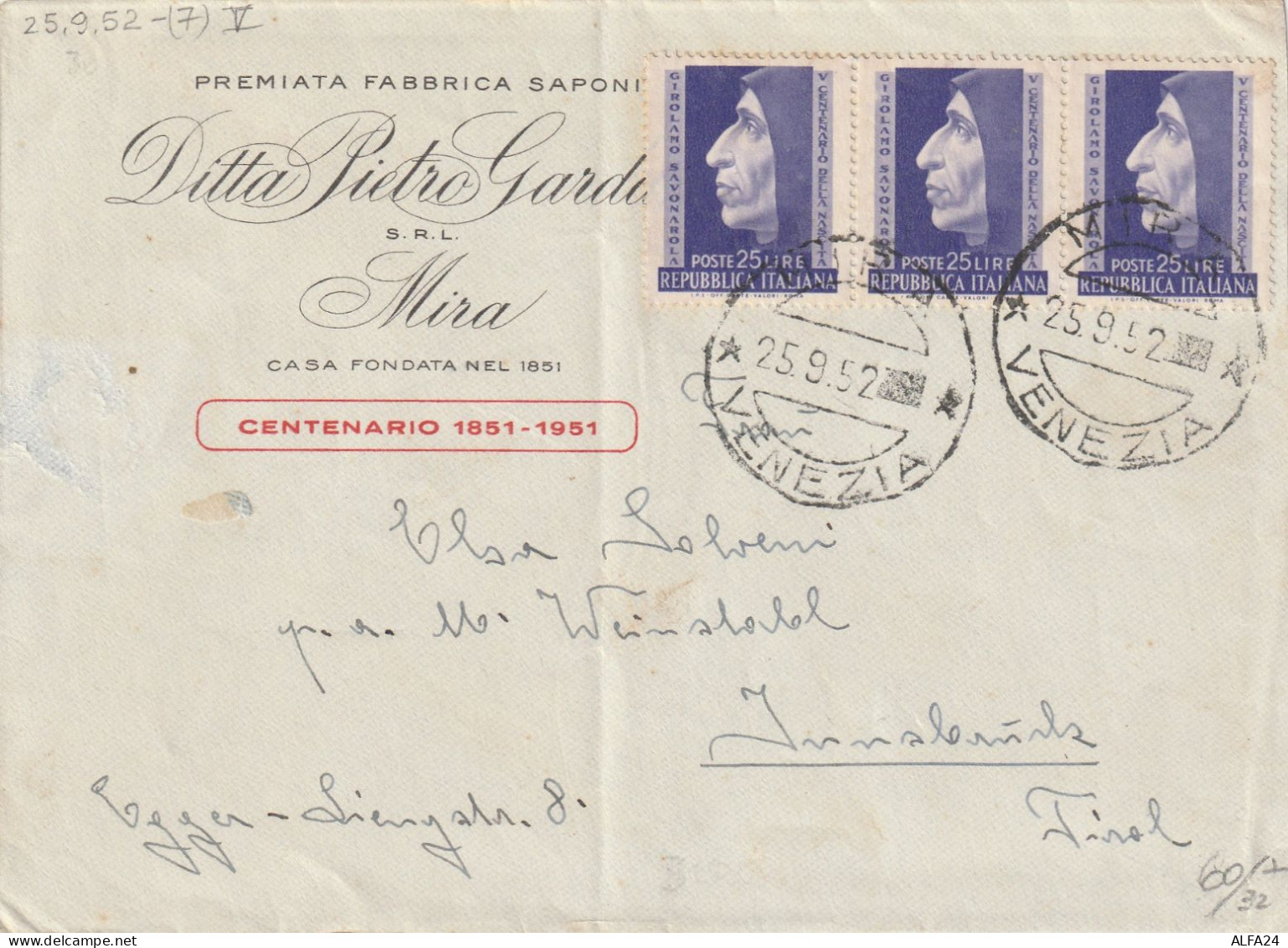 LETTERA 1952 3X25 SAVONAROLA TIMBRO MIRA VENEZIA (YK182 - 1946-60: Poststempel