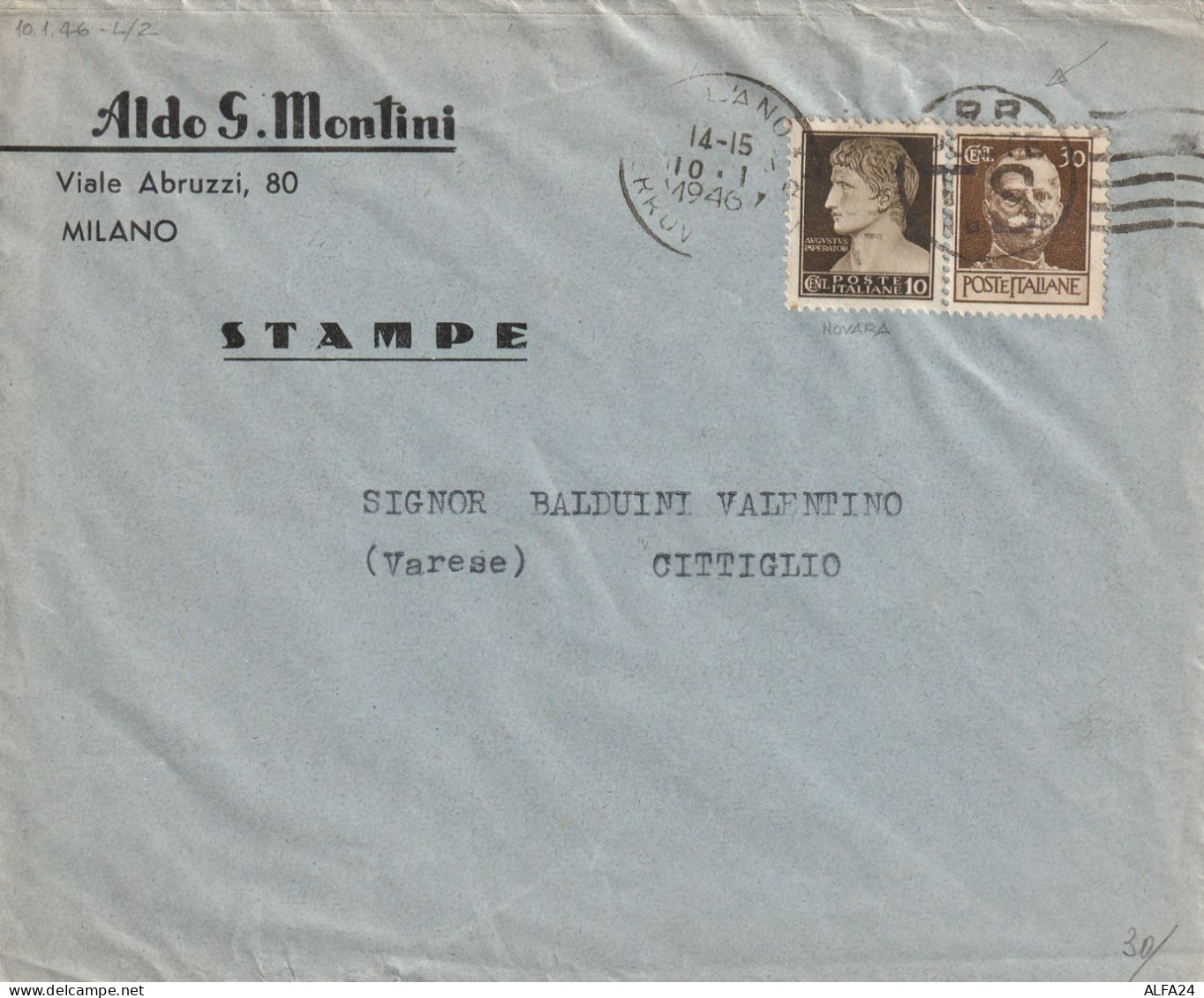 LETTERA 1946 LUOGOTENENZA 10 NOVARA+30 TIMBRO MILANO (YK178 - Storia Postale