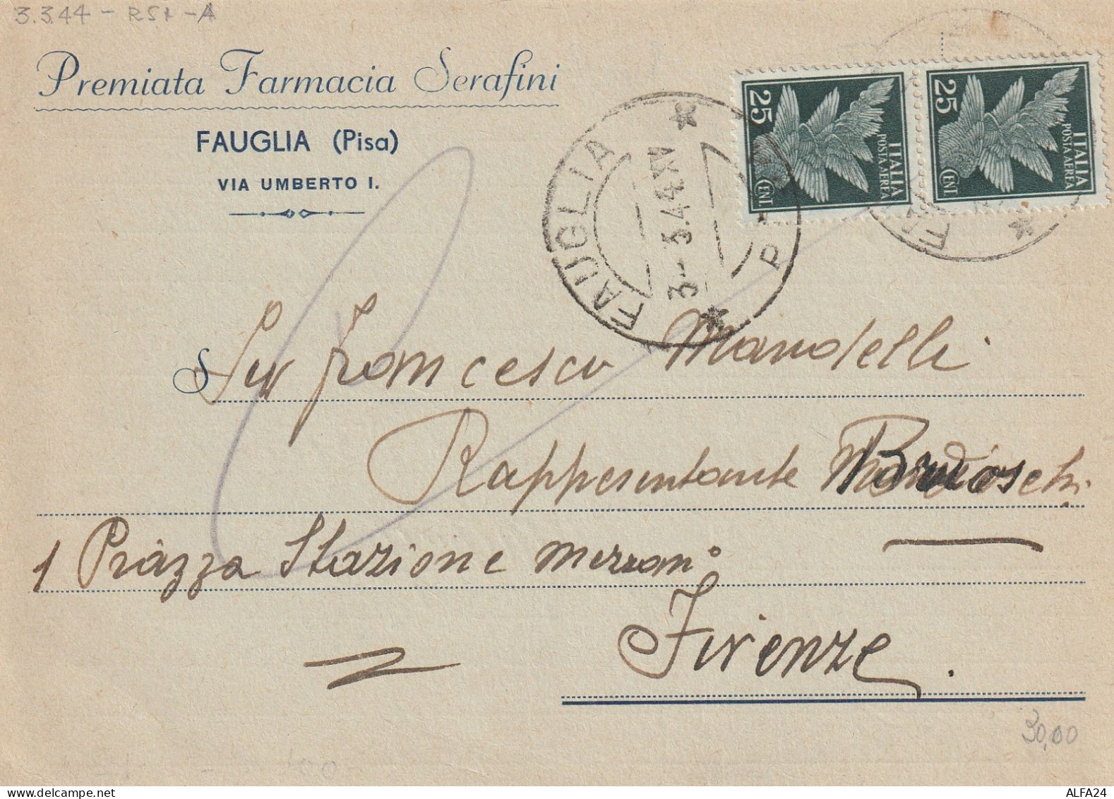 CARETOLINA POSTALE 1944 RSI 2X25 PA TIMBRO FAUGLIA PISA (YK176 - Marcophilie