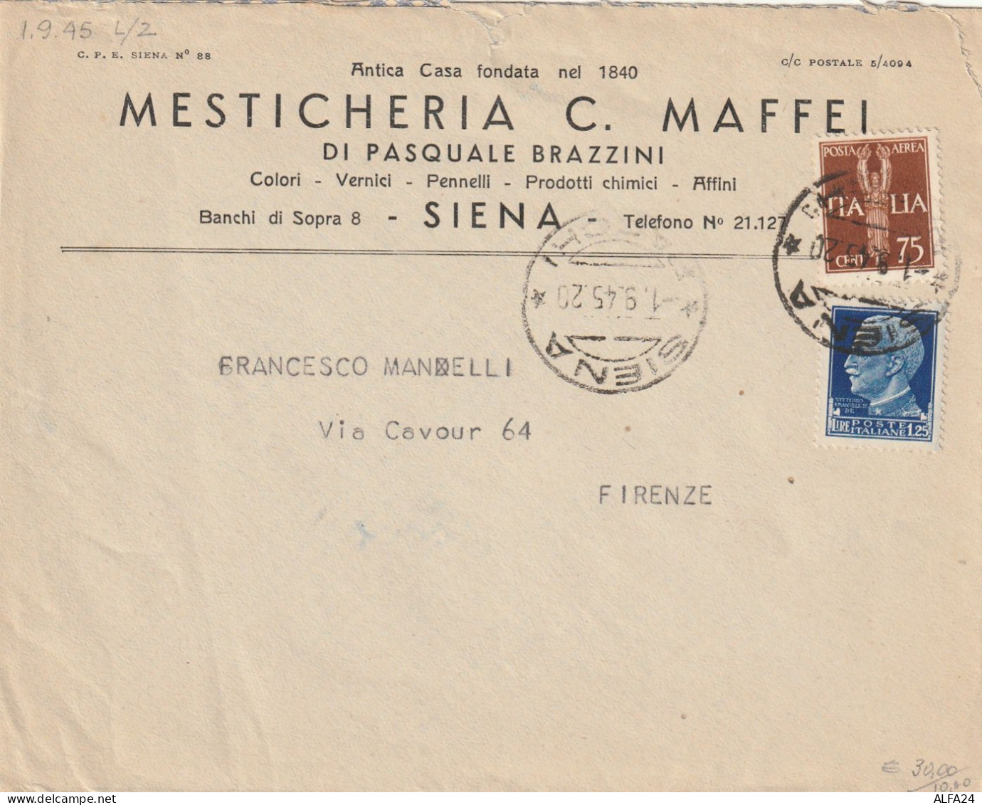 LETTERA 1945 LUOGOTENENZA C.75 PA+1,25 TIMBRO SIENA (YK172 - Marcofilía