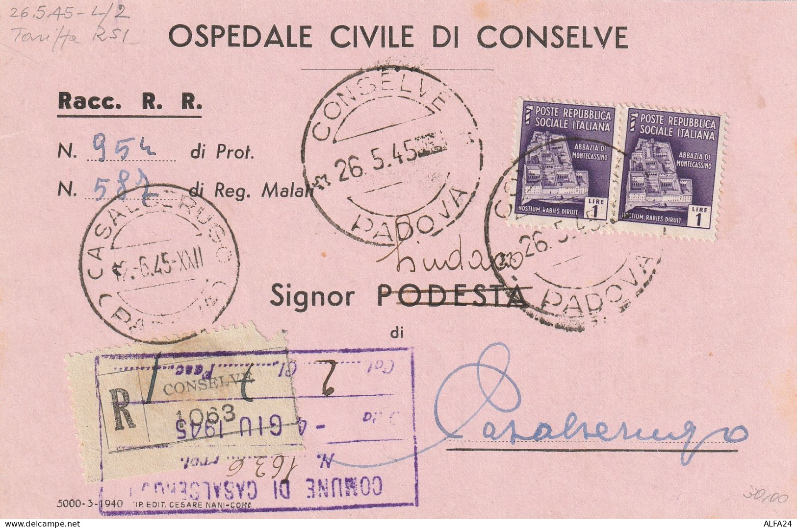 RACCOMANDATA 1945 LUOGOTENENZA 2X1 MON DIST TIMBRO CONSELVE PADOVA (YK173 - Marcofilía