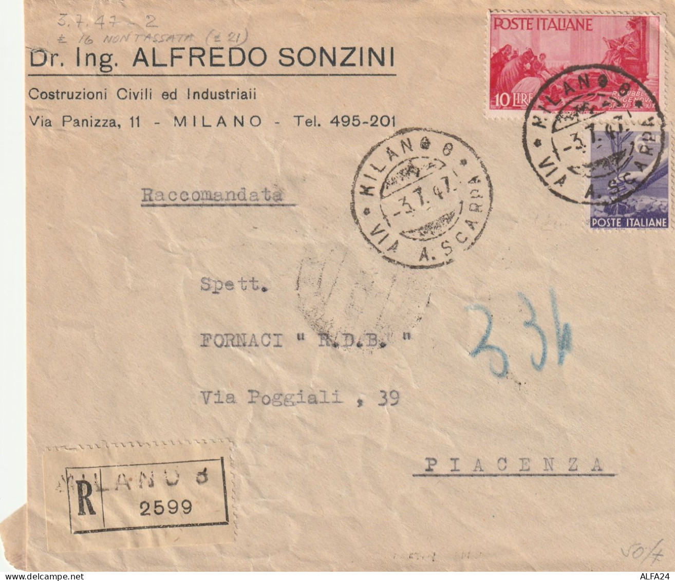 RACCOMANDATA 1947 L.10 REPUB+6 TIMBRO MILANO (YK170 - 1946-60: Marcofilia