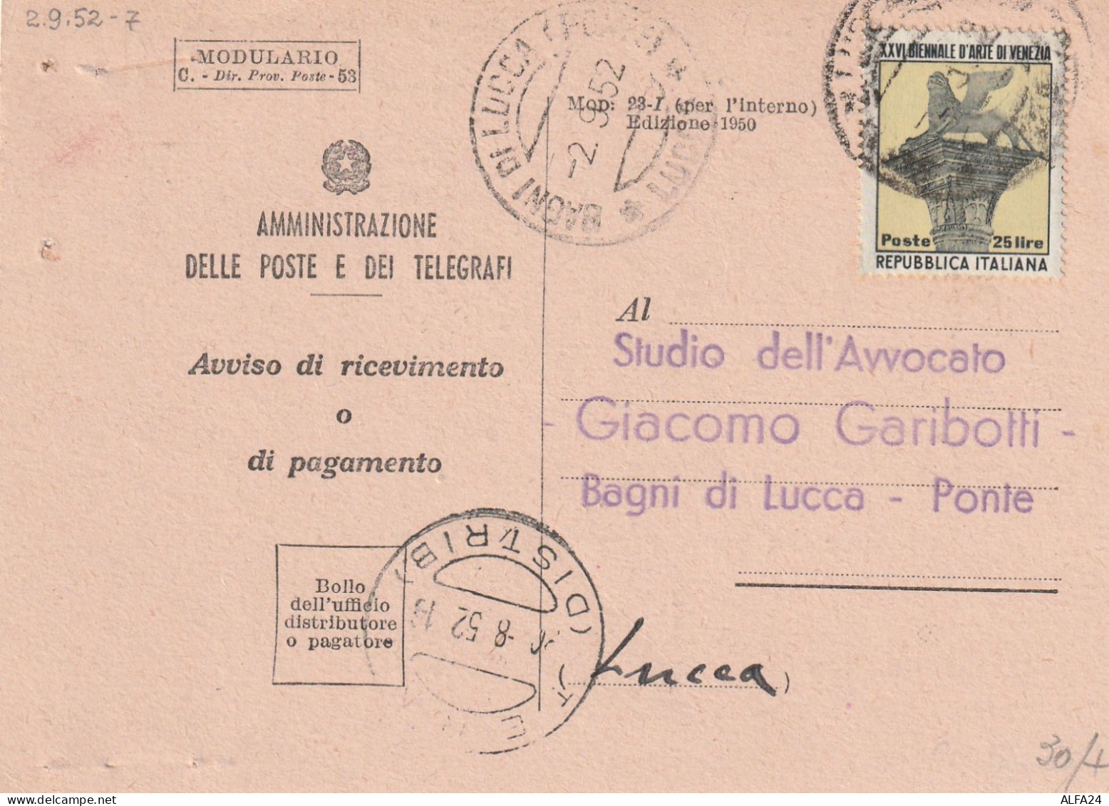 AVVISO RICEVIMENTO 1952 L.25 BIENNALE TIMBRO TERNI BAGNI DI LUCCA (YK169 - 1946-60: Marcophilia
