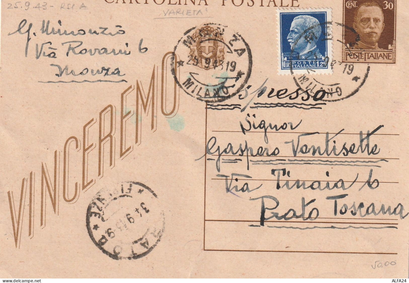 INTERO POSTALE 1943 RSI C.30 REG+1,25 VINCEREMO TIMBRO MILANO-TAGLIO ERRATO (YK161 - Postwaardestukken