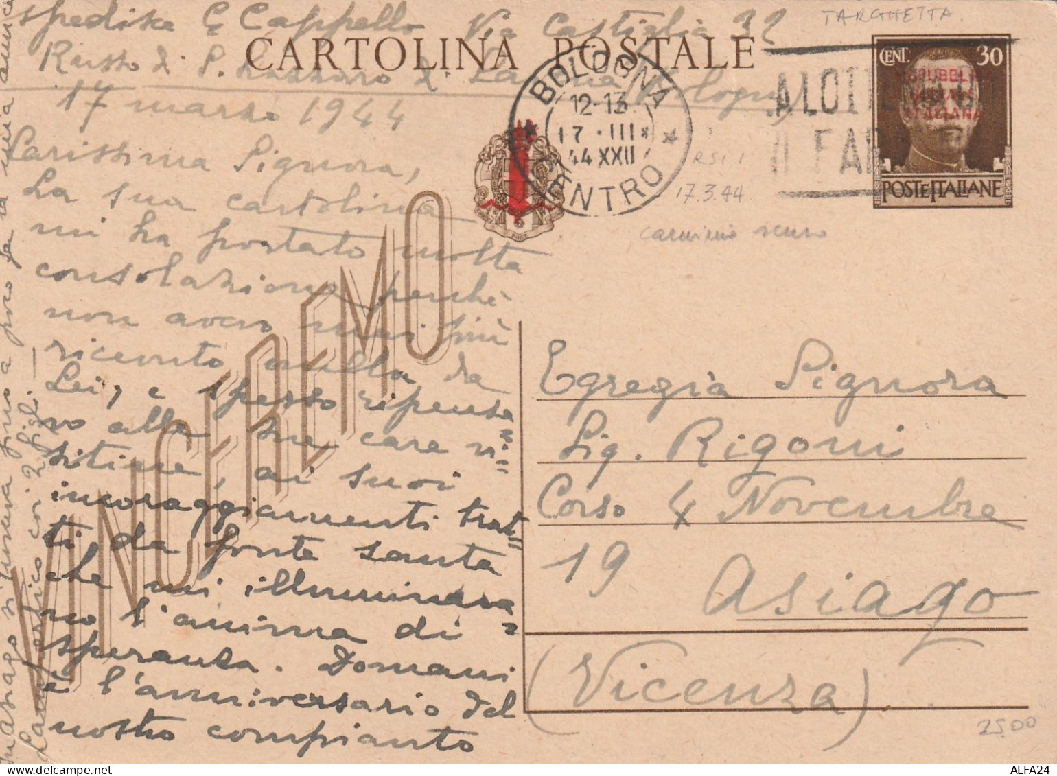 INTERO POSTALE 1944 RSI C 30 SS TIMBRO BOLOGNA (YK157 - Stamped Stationery