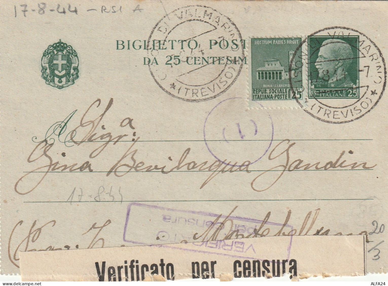 INTERO BIGLIETTO POSTALE 1944 RSI C.25+25 MON DIST TIMBRO TREVISO (YK155 - Stamped Stationery