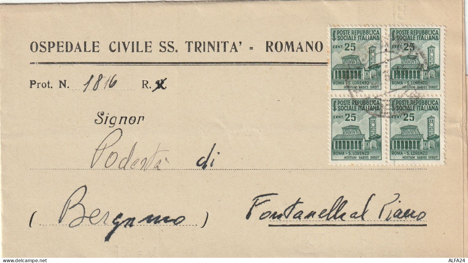 RACCOMANDATA 1945 RSI 4X25 MON DIST TIMBRO BERGAMO (YK145 - Poststempel