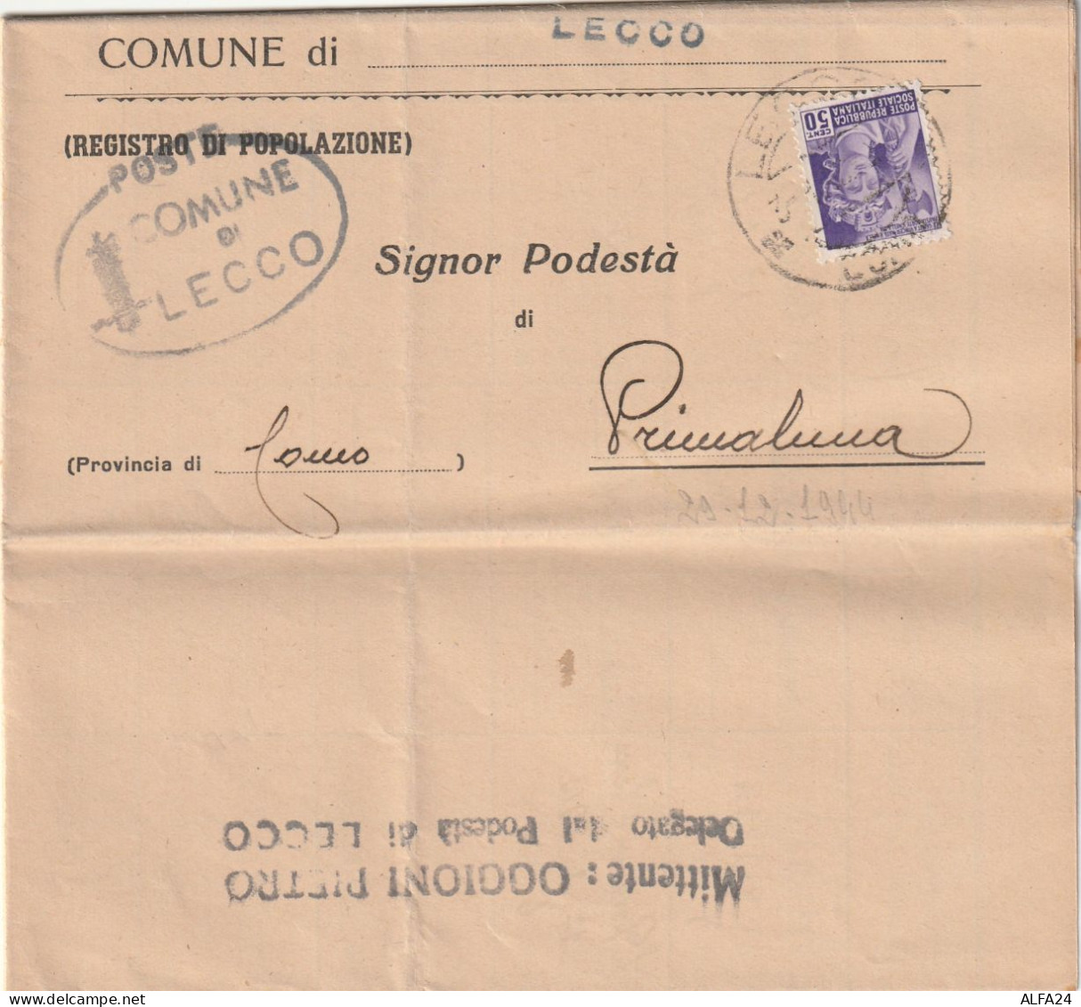 LETTERA 1945 RSI 50 C TIMBRO COMUNE DI LECCO (YK149 - Marcofilía