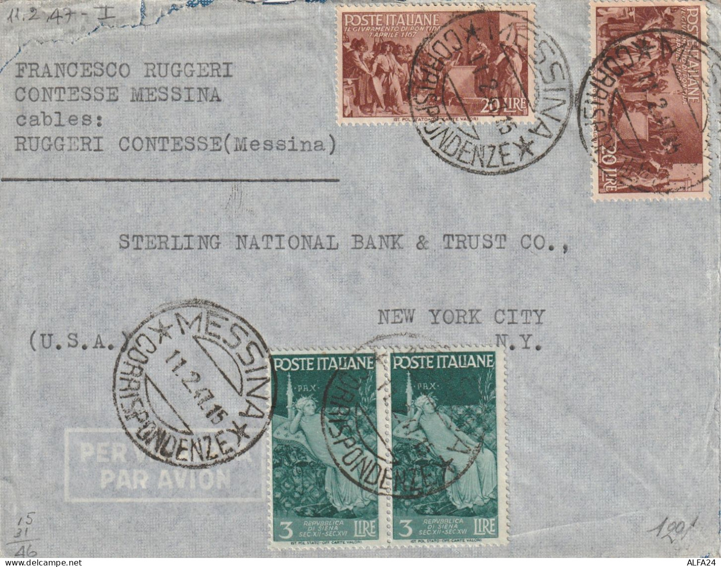 LETTERA 1947 2X20+2X3 AVVENTO REP. TIMBRO MESSINA DIRETTA USA (YK206 - 1946-60: Poststempel