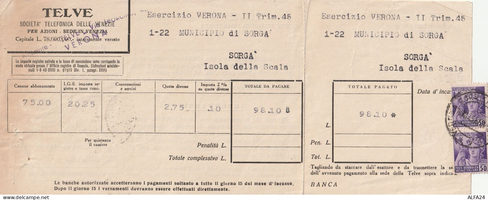 BOLLETTA SOCIETA TELEFONICA TELVE RSI 1945 2X50 C. MON DISTR (YK137 - Marcofilía