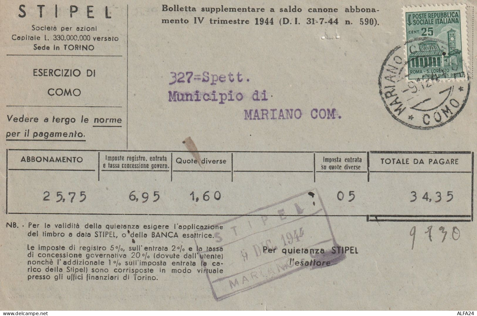 BOLLETTA SOCIETA TELEFONICA STIPEL RSI 1944 25 C MON DISTR TIMBRO MARIANO COMO (YK140 - Poststempel