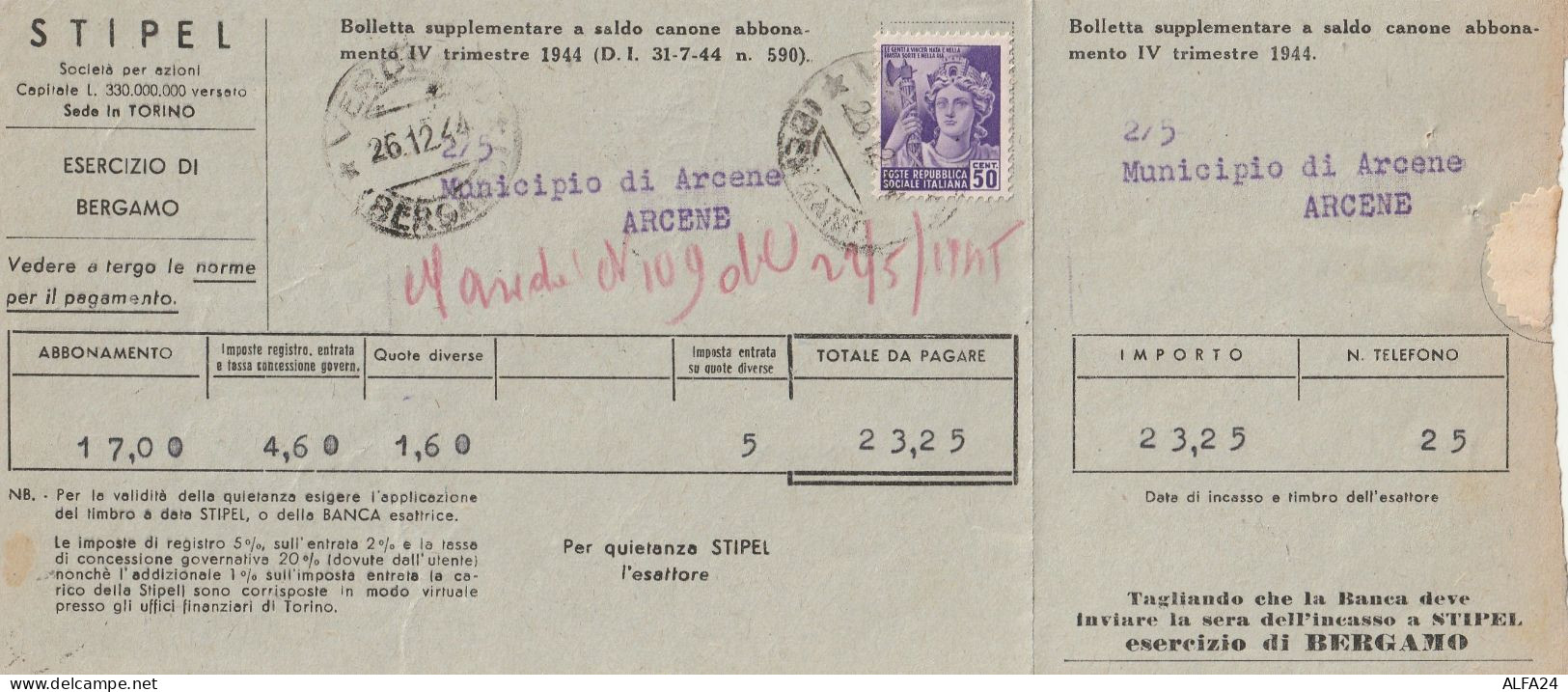 BOLLETTA SOCIETA TELEFONICA STIPEL RSI 1944 50 C MON DISTR TIMBRO BERGAMO (YK138 - Poststempel